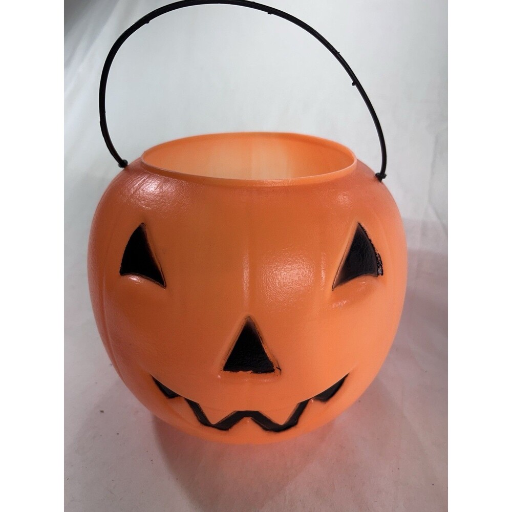Orange Pumpkin Blow Mold Pail Bucket Handle Halloween Trick or Treat Candy